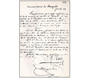 Decreto de					 1909 que establecía como fecha fundacional del Partido de Bragado al 19 de julio de 1865<br />firmado por el  Int. José Ramón Ibarra